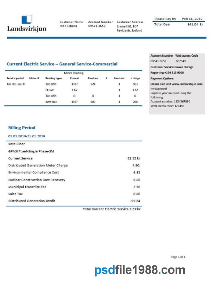 Iceland National Power Company of Iceland Landsvirkjun Electricity Utility Bill